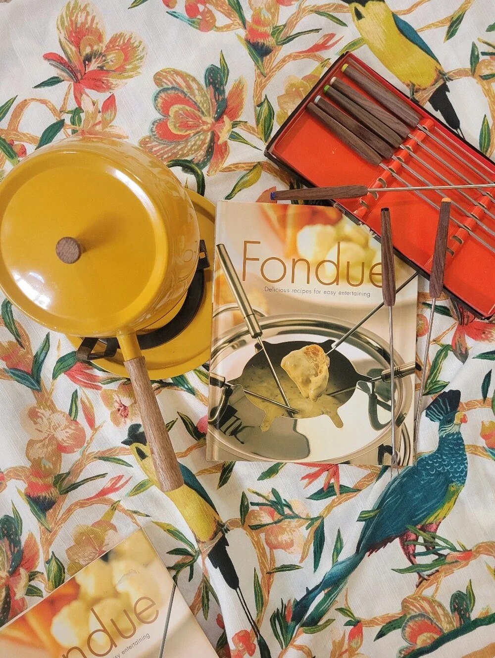 Fondue Pot Bundle Vintage Yellow Fondue Pot Forks Skewers Cookbook